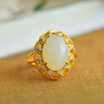 Классические и элегантные кольца для женщин натуральный Хотан белый нефрит хрустальный цветок обручальное кольцо Старинные золотые изделия Ювелирные изделия подарок