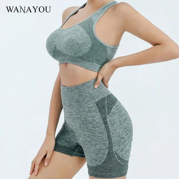 Комплект для йоги WANAYOU, тренировочная одежда для женщин, бесшовный спортивный бюстгальтер + спортивные шорты с высокой талией, спортивный костюм для бега, одежда для спортзала