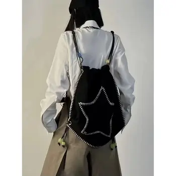 Корейская звезда Черные сумки через плечо Y2K Повседневная сумка на шнурке, сумка через плечо, Винтажный Эстетичный рюкзак для путешествий, Студенческий школьный рюкзак