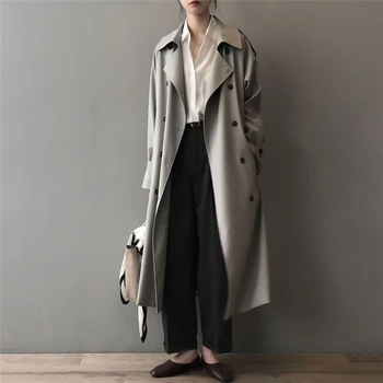 Корейская модная двубортная уличная одежда, длинные тренчи, женские повседневные простые куртки оверсайз свободного кроя с отворотами, универсальная верхняя одежда