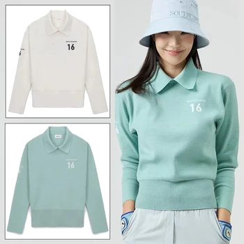 Корейская одежда для гольфа Sc, женская однотонная футболка-поло с вырезом лодочкой, повседневный спортивный стиль, вязаная футболка для гольфа с длинным рукавом, 23 новых толстовки для гольфа.