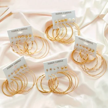 Корейские модные круглые серьги для женщин, серьги большого круга, креативный набор ювелирных изделий из 6 предметов, серьги-гвоздики с хрустальным сердцем