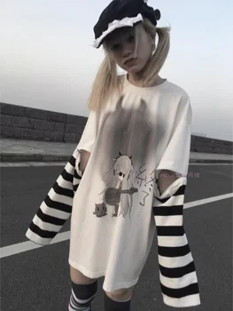Корейские футболки, панк-футболка с мультяшным принтом Harajuku, 2023, Женские съемные топы большого размера с длинным рукавом, модная футболка с графическим рисунком