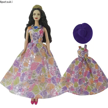 Красочные платья без рукавов, наряды, одежда для куклы Барби, Модное вечернее платье принцессы, Фиолетовая шляпа, аксессуары для кукольного домика