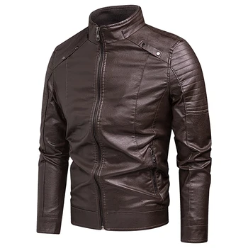 Куртка Приталенная, крутая мотоциклетная с отложным воротником 2023, Кожаные куртки, Новый тренд, мужские толстые зимние теплые пальто на молнии, большие размеры