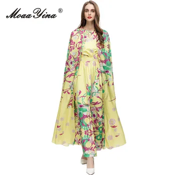 Летнее модное дизайнерское винтажное платье с цветочным принтом MoaaYina, женский длинный плащ + V-образный вырез, эластичный пояс, облегающее платье-жилет, комплект из 2 предметов