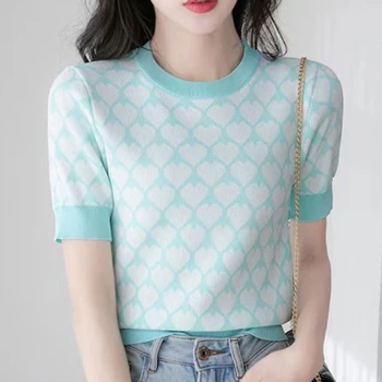 Летняя Корейская мода 2023 Года Жаккардовая футболка для женщин, футболки из шелка льда, трикотажные топы с круглым вырезом и коротким рукавом, женские футболки