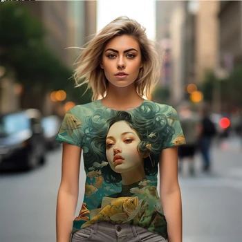 Летняя новая женская футболка с 3D-принтом, красивая повседневная женская футболка, модная свободная женская футболка