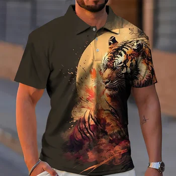 Летняя рубашка-поло для мужчин, футболка с животным принтом, футболки с короткими рукавами с рисунком Тигра и Льва, Модная мужская одежда 2023 года, тонкие рубашки-поло