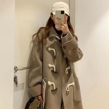 Милое шерстяное пальто в японском стиле средней длины с пряжкой из бычьего рога, студенческое пальто JK, верблюжье зимнее пальто 2022, осень-зима, новинка