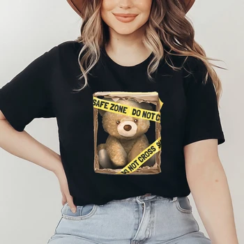 Модная повседневная одежда 90-х, хлопковая футболка с рисунком медведя из мультфильма, женская черная простая повседневная футболка с короткими рукавами и принтом.