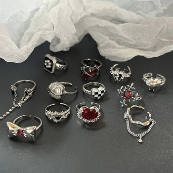 Модное кольцо с готическими шипами, Черный, Красный Кристалл, Регулируемое Изысканное Кольцо Y2K с Бабочкой и Звездой, Женские Крутые украшения