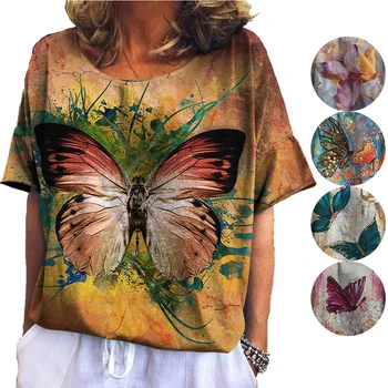 Модные женские блузки, Летние топы с короткими рукавами и принтом бабочки, женская футболка 5xl, футболка оверсайз для женской одежды