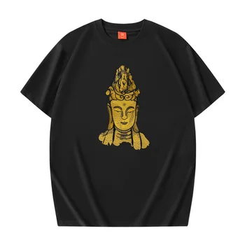 Мужская футболка Sukajan из 100% хлопка с вышивкой Будды, короткий рукав, мужские футболки оверсайз, повседневная одежда с вышивкой 2023 Y2K
