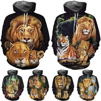 Новая толстовка с 3D принтом Льва и тигра, модный забавный крутой пуловер в стиле хип-хоп харадзюку, толстовки с нейтральным животным принтом, уличная одежда, топ