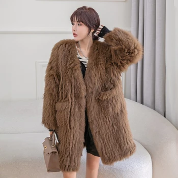 Новое женское тепловое меховое пальто из лисьего меха, модное тканое пальто средней длины, уличное ветрозащитное зимнее меховое пальто