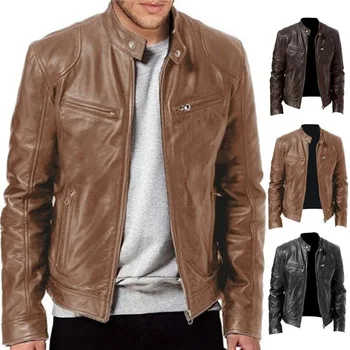 Новый верхний слой; винтажная кожаная одежда; мужская мотоциклетная одежда со стоячим воротником; молодежная осенне-зимняя куртка; мужское байкерское пальто;