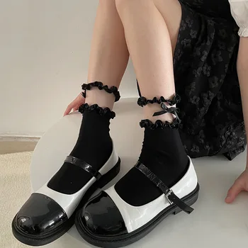 Носки с кружевными оборками в стиле Лолиты Sweet Girls, милые носки с кавайным бантом, JK, японский стиль, однотонные Черно-белые Сетчатые кружевные носки