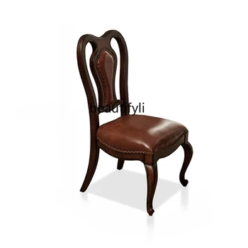 Обеденный стул из массива дерева в американском стиле, Кожаная подушка, Винтажный обеденный стул из красного дерева с высокой спинкой в европейском стиле