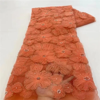 Оранжевое Новое поступление 31-6510, самая продаваемая французская кружевная ткань с блестками, бисер, африканский материал для свадебного платья или вечеринки.