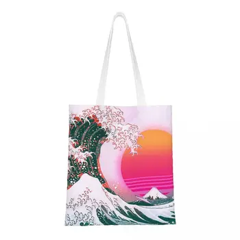 Отличная волна от Kanagawa Color Glitch Сумки для покупок Холст Сумка-тоут Складная сумка для покупок Сумка-тоут для девочек Дорожная сумка-тоут