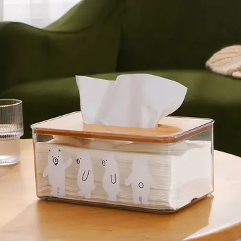 Прозрачная пластиковая коробка для салфеток с бамбуковой крышкой, Прямоугольная коробка для салфеток для лица в ванной, Симпатичная сушилка для белья, Диспенсер для гостиной