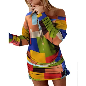 Разноцветные И разноразмерные Взрывные Европейские И Американские Женские платья с контрастным принтом и Нерегулярными длинными рукавами /S-2XL