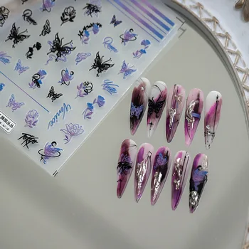 Реалистичный Рельеф 5D Красивый Черный Градиентный Рисунок Бабочки Цветы Наклейки для нейл-арта Наклейки для маникюра Украшения
