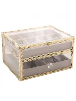Ретро Золотая стеклянная шкатулка для ювелирных изделий, Отделочная коробка для ювелирных часов, Двойное ожерелье, Приемная рамка, Настольный прием