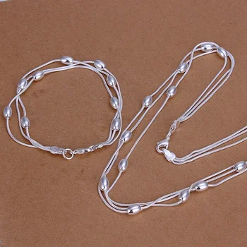 Серебро 925 пробы милые изысканные подарки для женщин леди свадебная цепочка из бисера ожерелье браслеты модный ювелирный Набор S140