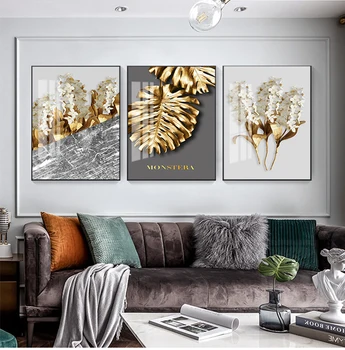 Скандинавский Золотой абстрактный лист, цветок, настенное искусство, холст, живопись, черно-белые перья, настенная картина с принтом для декора гостиной