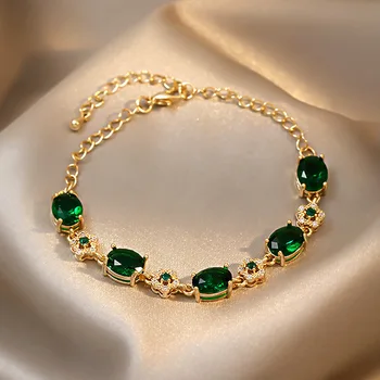 Темпераментный браслет-цепочка с зеленым цирконием для женщин, девочек, модные блестящие хрустальные украшения на запястье, Геометрический Подарок на свадьбу, День рождения