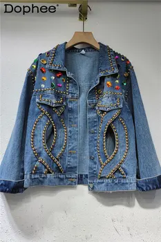 Тяжелая промышленность, разноцветные кристаллы, джинсовая куртка, женский дизайн, Нерегулярный бисерный Свободный повседневный джинсовый жакет, Весна-осень, Новая одежда
