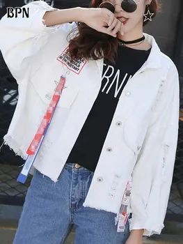 Уличная одежда BPN, женские джинсовые куртки с лацканами и длинным рукавом в стиле пэчворк, однобортная повседневная свободная куртка, Женская осенняя одежда