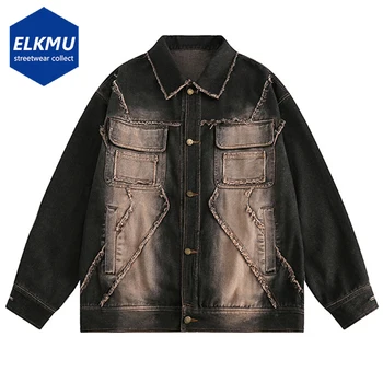 Уличная одежда в стиле хип-хоп, мужские джинсовые куртки в стиле пэчворк, винтажное черное джинсовое пальто в стиле пэчворк, Harajuku, негабаритная куртка Y2K, верхняя одежда