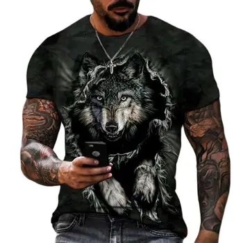 Футболка с 3D изображением зверя, сражающегося со львом, Свирепого Льва и волка, Новая летняя мужская футболка с коротким рукавом, черно-белый дизайн, полиэстер