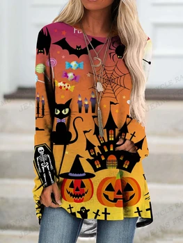 Футболки с 3D-принтом на Хэллоуин, женская модная футболка с круглым вырезом, топы с длинными рукавами, футболки, женские футболки Оверсайз, длинные футболки, женские