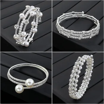 Хрустальные браслеты на запястье для женщин и девочек, роскошные браслеты с имитацией жемчуга, Позолоченные, посеребренные, свадебные украшения