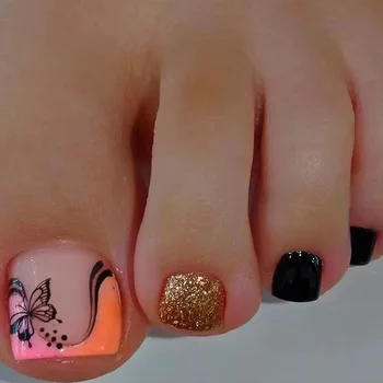 Черная бабочка, Оранжевый, розовый, французский носок, полностью закрывающий готовый накладной ноготь, Летние Короткие накладные ногти плоской формы с клеем