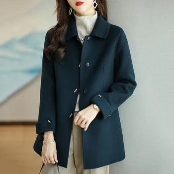 Шерстяное пальто, тонкое модное офисное женское однобортное зимнее пальто с квадратным воротником для женщин 2023, карман с широкой талией, черное пальто