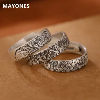 Ювелирные изделия из чистого серебра MAYONES Real S999, матовое Ретро-благоприятное облако /Слива / Лотос, Женское открытое кольцо в китайском стиле