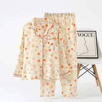 Японская новая женская весенне-летняя пижама из хлопчатобумажного крепа, брюки из двух частей с длинными рукавами и милым цветочным принтом, набор для домашнего обслуживания