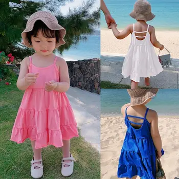 Летнее платье-комбинация с открытой спиной для маленьких девочек, модные детские повседневные платья принцессы на День рождения, праздничная детская одежда