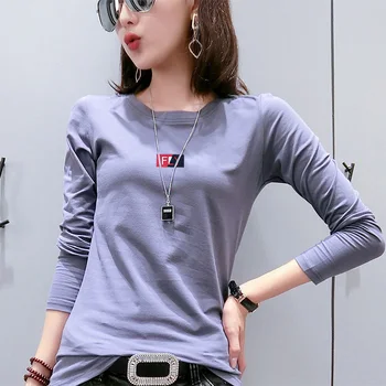 Модная повседневная футболка с длинным рукавом с буквенной вышивкой, женская одежда, осень 2023, новые универсальные топы, Корейская однотонная футболка.